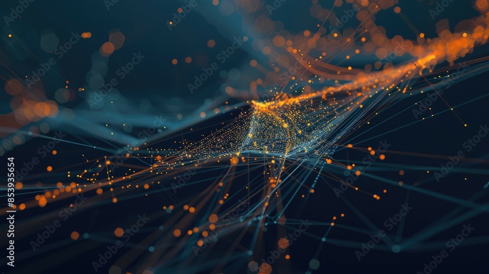 Poster abstract digital visualization of dynamic particle streams with lights and lines in dark blues and o