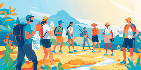 Obraz premium A group of people hike in the mountains, showcasing their reusable water bottles