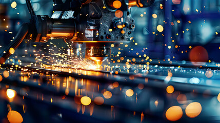 Photorealistic image of CNC gas cutting in a metalworking process detailed view of the blue steel sheet and bright sparks  clear and lighting high-tech