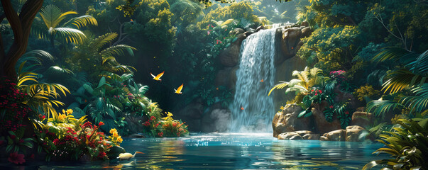 A hidden waterfall cascades into a pristine pool, surrounded by lush vegetation and colorful birds.
