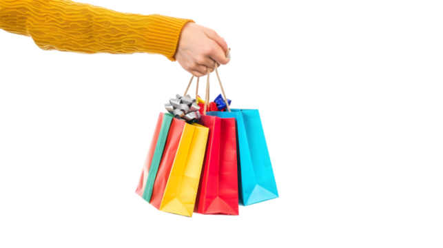 A hand holding several colorful shopping bags, indicating a successful shopping spree.,cutout on transparent backgrounds.