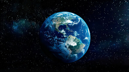 Obraz premium Photorealistic image of Earth seen from space intricate details of continents and oceans and realistic colors deep black space with twinkling stars outer space perspective precise focus