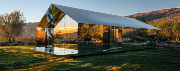 A house made entirely of mirrors, reflecting the surrounding landscape in an endless loop.