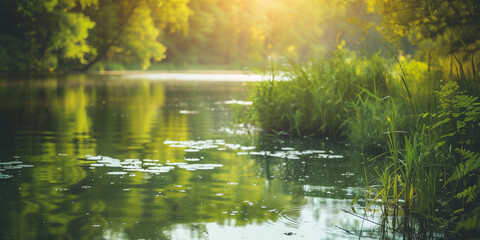Fototapeta premium A tranquil lake surrounded by vibrant green foliage, bathed in the warm glow of sunlight