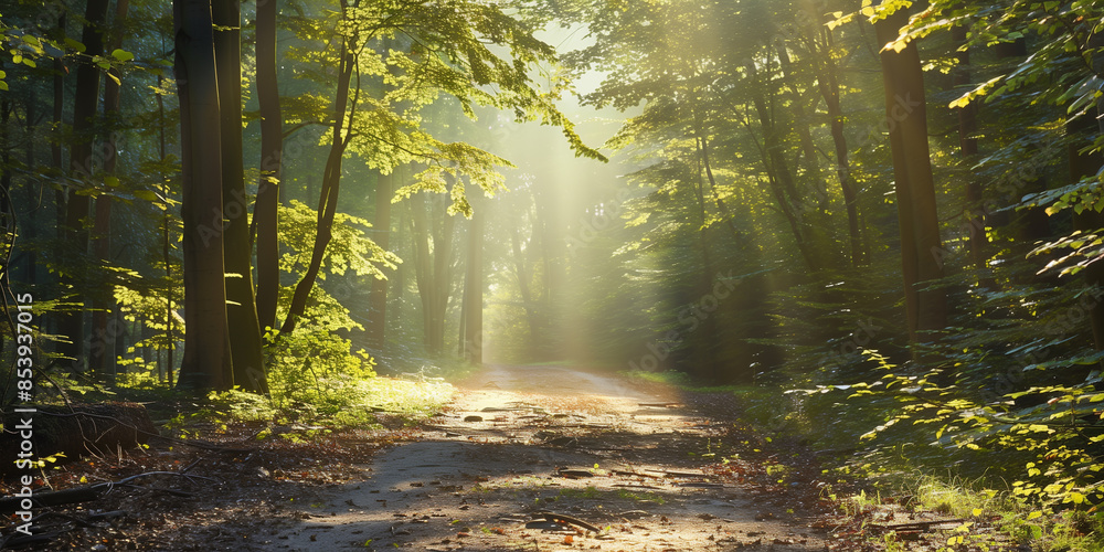 Poster a tranquil forest path with sunlight streaming through the trees