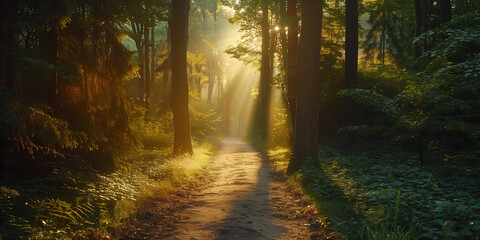 Obraz premium A serene forest path bathed in warm sunlight during golden hour