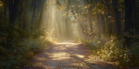Fototapeta premium A quiet, sun-dappled forest path winds through a stand of trees, morning mist adding a mystical atmosphere