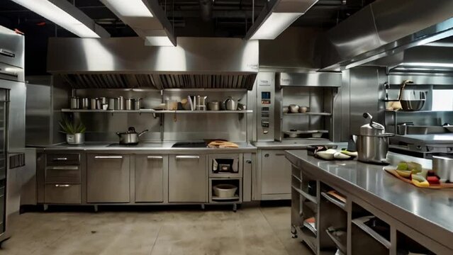 Commercial Kitchen with Stainless Steel Appliances and Equipment