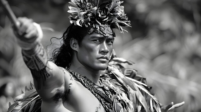 Hawaiian warrior in tapa cloth attire and feathered cape, performing a hula.


