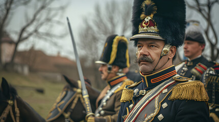 Hungarian Hussar cavalry officer in elaborate uniform and with a sabre.


