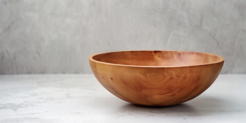 A large wooden bowl sits alone on a light gray surface