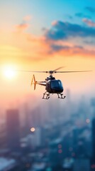 Helicopter pilot hovering above ground selective focus, aerial navigation dynamic, silhouette urban skyline