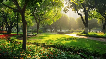 Fototapeta premium Sun-Drenched Park with Lush Greenery