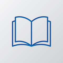 Open book simple icon vector.Flat design. Paper cut design. Cutted blue symbol with shadow. Gray background