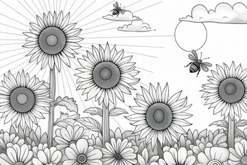 Black and white line drawing of a tranquil sunflower field with bees, perfect for coloring and artistic backgrounds