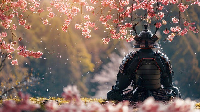 Samurai warrior meditating under a cherry blossom tree, embodying Zen.


