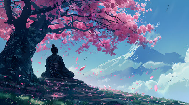 Samurai warrior meditating under a cherry blossom tree, embodying Zen.


