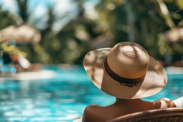 A woman relaxing by a pool, wearing a sunhat and enjoying the tropical villa surroundings. Vacation. Holiday. Trip. Summer.