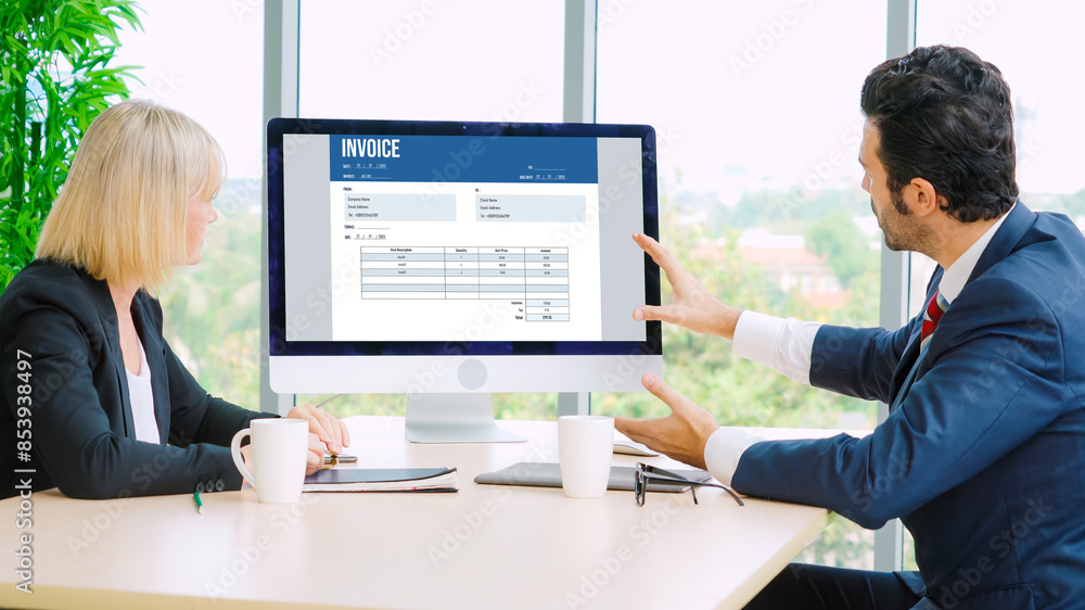 Poster invoice on computer screen from accounting application. computer program for financial and budget of