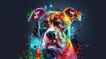 pitbull dog head with creative colorful abstract elements on dark background.
