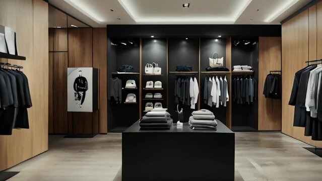 Minimalist Men's Clothing Store Interior with Wooden Walls and Black Display Tables