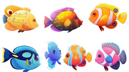 Colorful Cartoon Fish Set,cutout on transparent backgrounds.