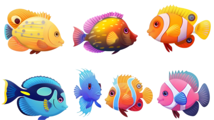 Colorful Cartoon Fish Set,cutout on transparent backgrounds.