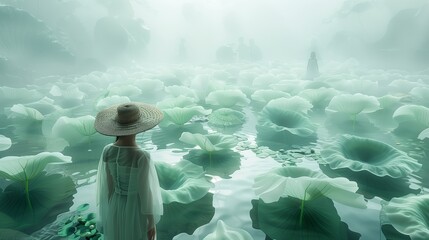Woman Wearing a Hat Stands Amidst a Field of Lotus Pads in Fog