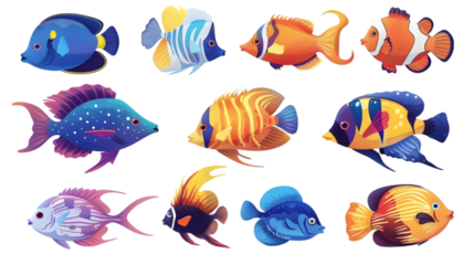 Colorful Cartoon Fish Set,cutout on transparent backgrounds.