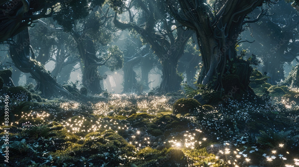 Poster enjoy a breathtaking view of a magical forest with tall trees and early light seeping through the br