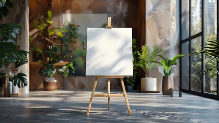 A blank canvas stands on an easel as part of an elegant event setup, inviting guests to leave their mark or showcasing an artistic presentation