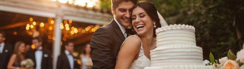 A bride and groom share a joyous moment as they cut their wedding cake together, surrounded by guests and laughter, signifying a joyful celebration