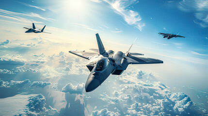 Photorealistic image of fighter jets soaring through the sky detailed view of the aircraft bright and  blue sky with scattered clouds modern aviation 