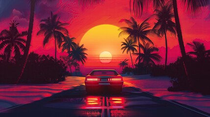Retro 80s Summer Vibes with Car Driving at Sunset