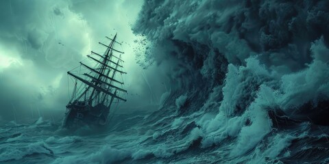 A lone ship battles through a raging storm with towering waves crashing around it in dramatic fashion. AIG58