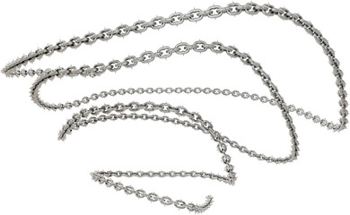 3D design asset showcases a dynamic metal form: a steel chain with sharp tips, intricately woven into captivating spirals (transparent background).