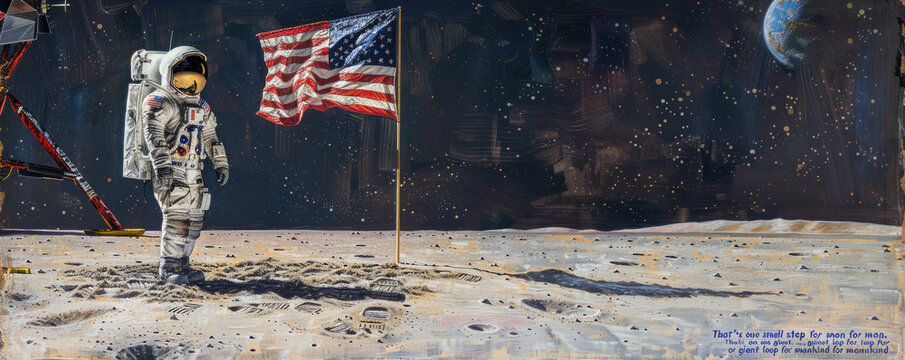 A portrait of Neil Armstrong planting the American flag on the moon, his iconic words "That's one small step for man, one giant leap for mankind" echoing through history.