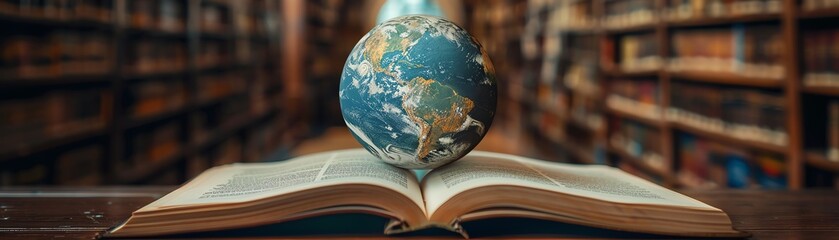Globe on an open book in a library, blurred shelves in the background, soft lighting