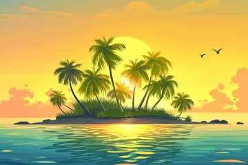 Fototapeta na wymiar Idyllic illustration of a small tropical island with lush palm trees and a golden sunset reflecting on tranquil waters