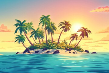 Vibrant illustration of a serene tropical island with palm trees under a pastel sunset sky, surrounded by a tranquil ocean