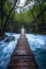 Fototapeta premium Suspension bridge over turquoise river, dynamic water flow, centered view, long exposure
