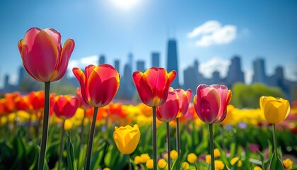 Fototapeta premium Tulips in front of a city skyline, clear sky, vibrant colors, lowangle shot
