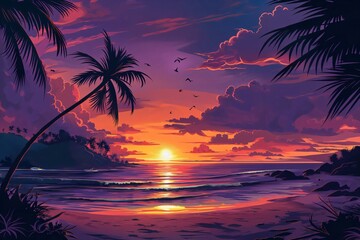 Obraz premium Tranquil tropical beach sunset with palm trees and ocean reflection digital illustration capturing the serene beauty of nature. Vibrant dusk colors
