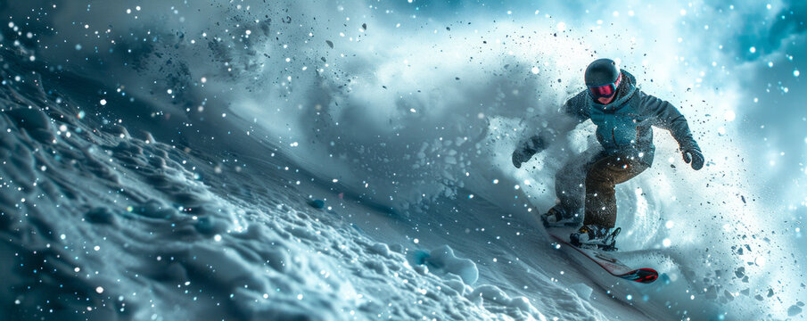 A high-resolution photograph of a snowboarder catching air on a half-pipe, their board spinning in the air.