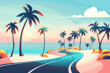 Vibrant illustration of a curving coastal road surrounded by palm trees under the serene sky at sunset