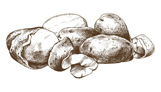 White potatoes in skins, whole, peeled, with a spiral of peelings. Graphic illustration hand drawn in brown ink. EPS vector on the theme of harvest cooking, food, packaging, vegetable shop design.