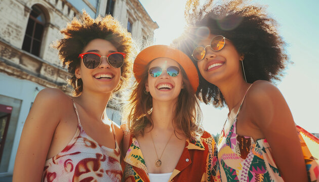 Young group of female woman friends smiling, summer vacation travel, friendship, happy vibes, lifestyle valuable experiences, bonding, social activity