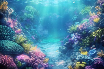 Vibrant illustration depicts an enchanting underwater scene with glowing corals and sunbeams filtering through the ocean's surface