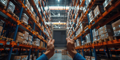 Warehouse manager using digital tablet for inventory control