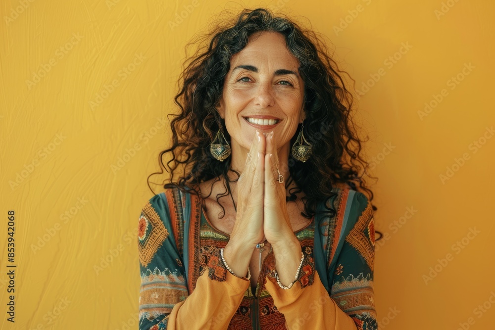Wall mural Portrait of a smiling woman in her 40s joining palms in a gesture of gratitude while standing against pastel yellow background - Wall murals
